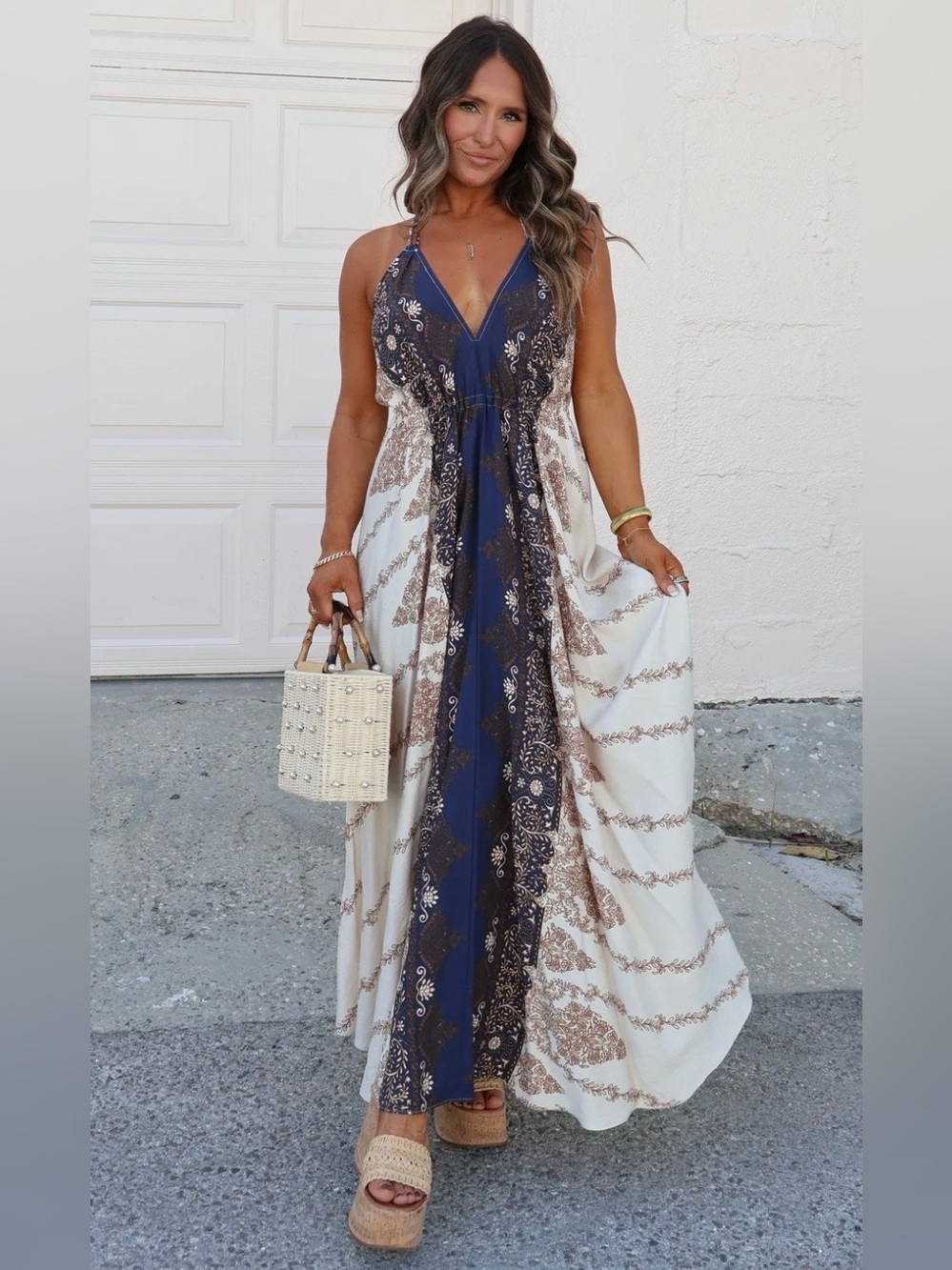 Aakaa Navy and Ivory Embroidered V-Neck Maxi Dress